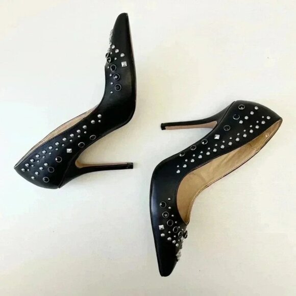 Aldo Black Leather Pumps Pointed Toe High Heel Rhinestone Studded Stilettos 7.5 - Picture 15 of 16